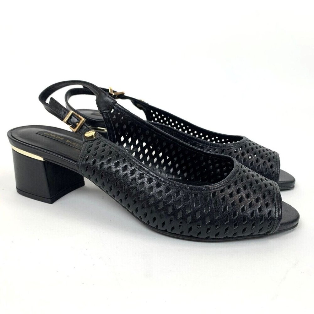 Jorge Bischoff Leather Pumps Sz 8 Black Heel Shoes Gold Details Open Toe NWOB
